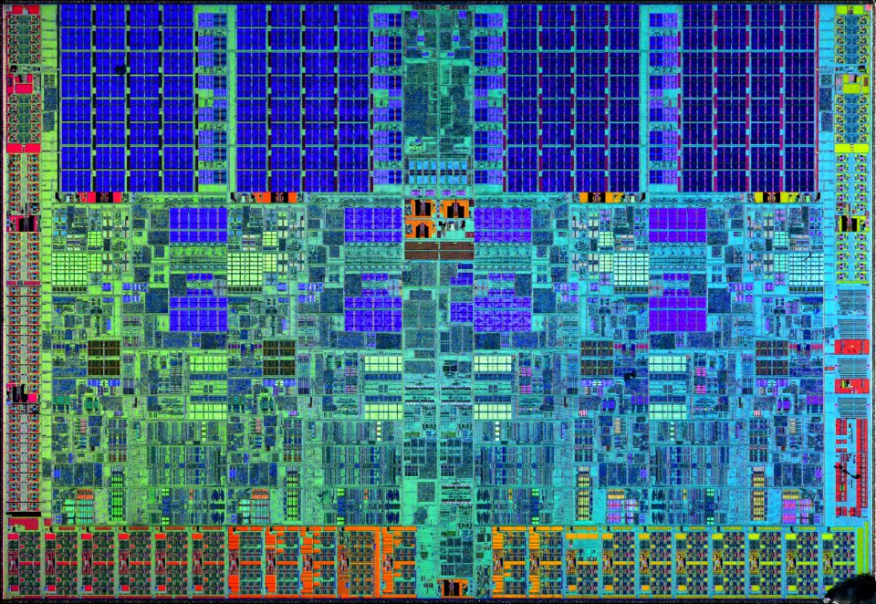 Intel Bloomfield / Gainestown die shot - etched