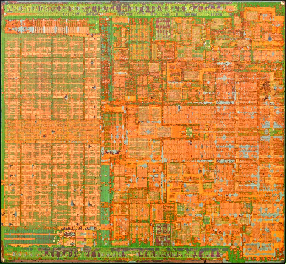 Intel Wolfdale-3M die shot (E7400) during etching - internal light - high resolution - stitched