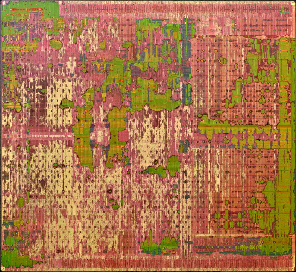 Intel Wolfdale-3M die shot (E7400) during etching - internal light - high resolution - stitched