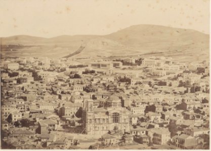Άποψη της Αθήνας από την Ακρόπολη με θέα την Μητρόπολη των Αθηνών και το Πανεπιστήμιο (View of Athens from the Acropolis overlooking  Cathedral Church of Athens and the University).