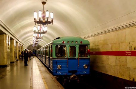 retro train of the St. Petersburg metro at the Narvskaya metro station