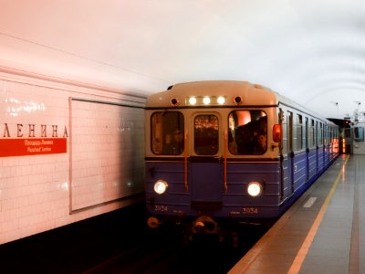 retro train arrives at the Ploshchad Lenina metro station in the St. Petersburg metro photo