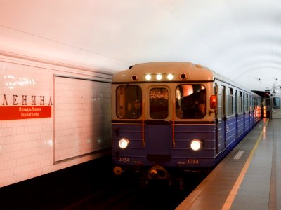 retro train arrives at the Ploshchad Lenina metro station in the St. Petersburg metro