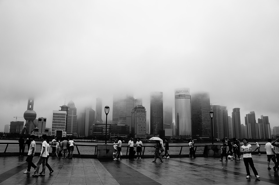 Fog tall buildings modern architecture