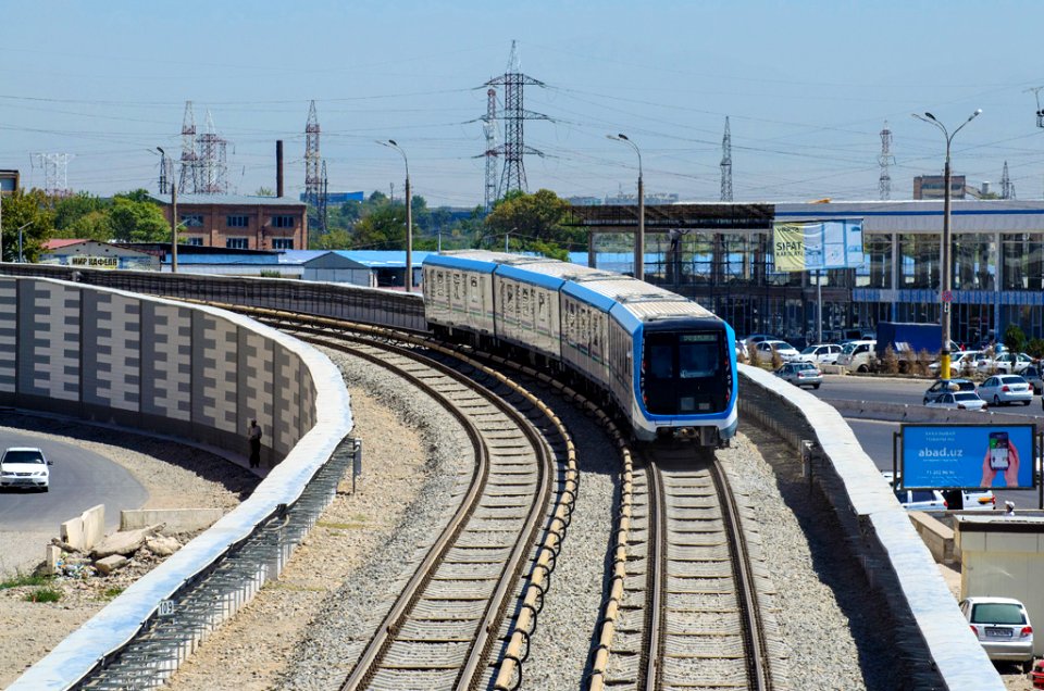 running-in of a new metro train 81-765/766/767 .5 in the Tashkent metro on the new ground ring line