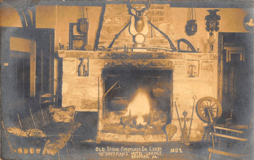 OLD STONE FIREPLACE IN LOBBY IN HOFFMANS HOTEL GARAGE BEDFORD PENNSYLVANIA #21