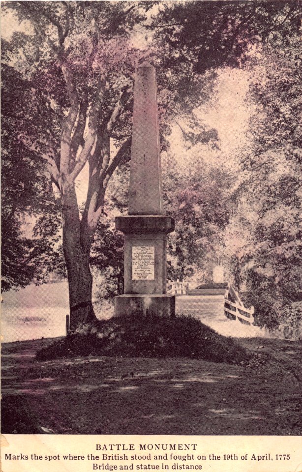 BATTLE MONUMENT MARKS THE SPOT WHERE THE BRITISH STOOD AND FOUGHT ON THE 19TH OF APRIL 1775 BRIDGE AND STATUE IN DISTANCE
