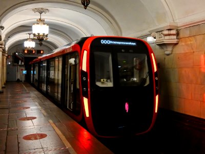 new generation metro train 81-775/776/777 Moscow 2020 departs from Komsomolskaya metro station