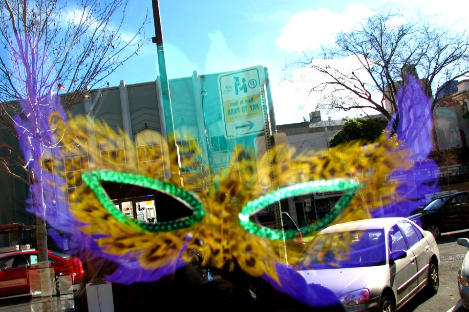 mask and city reflection