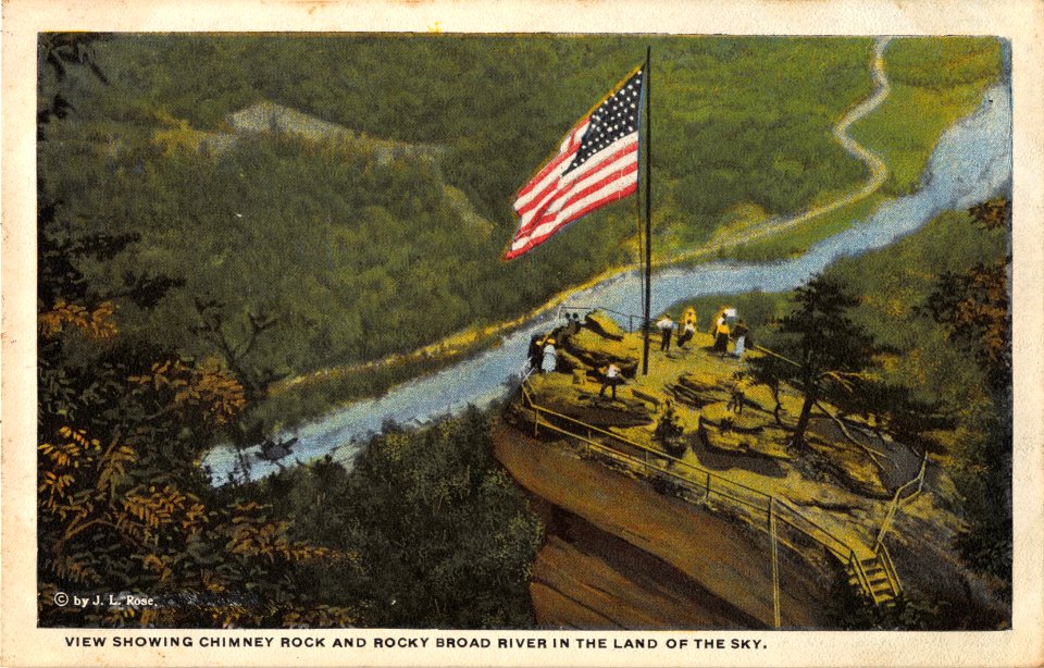 VIEW SHOWING CHIMNEY ROCK AND ROCKY BOARD RIVER IN THE LAND OF THE SKY