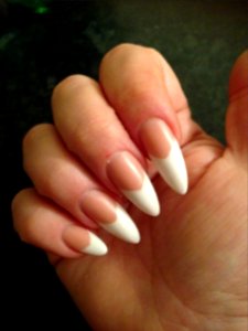 Long almond shape nails with peach blush and white acrylic.#nails#almond.