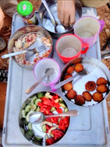 Forscherinnenfrühstück: Falafel, Gemüse, Rührei und Schwarztee.