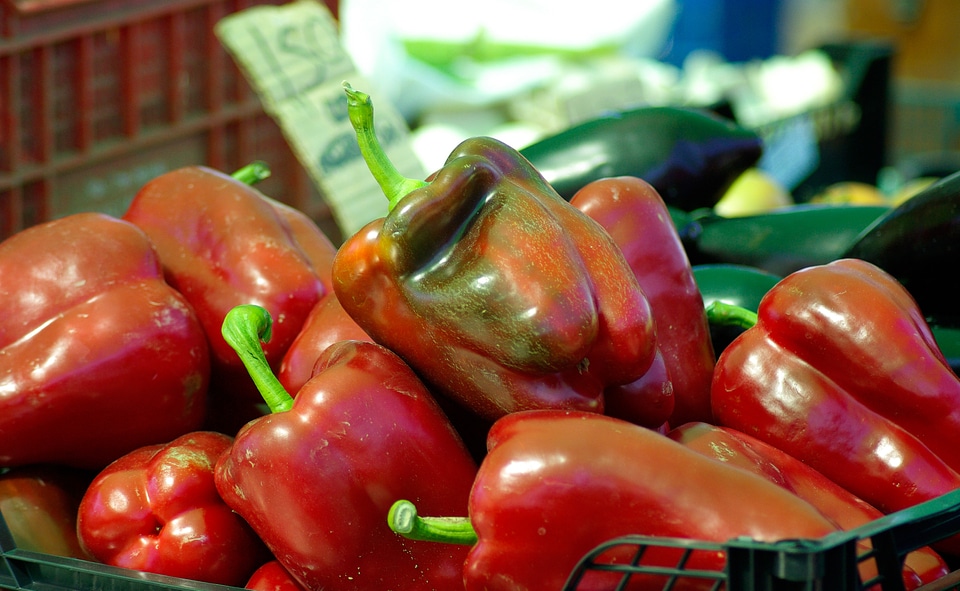 Red peppers market vegetable garden