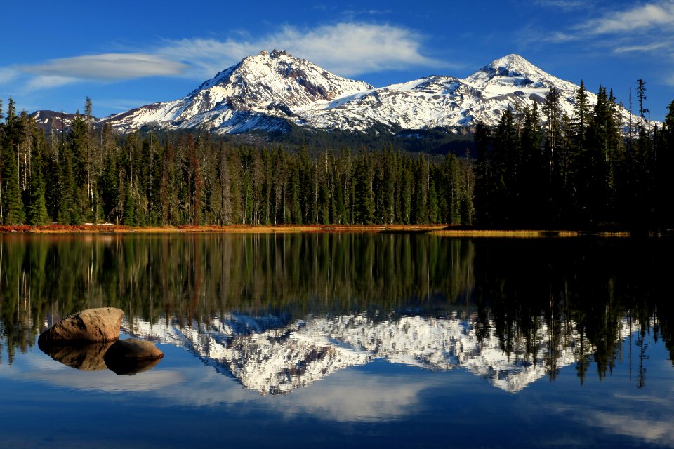 Scott Lake and Three Sisters in Autumn, Willamette National Forest