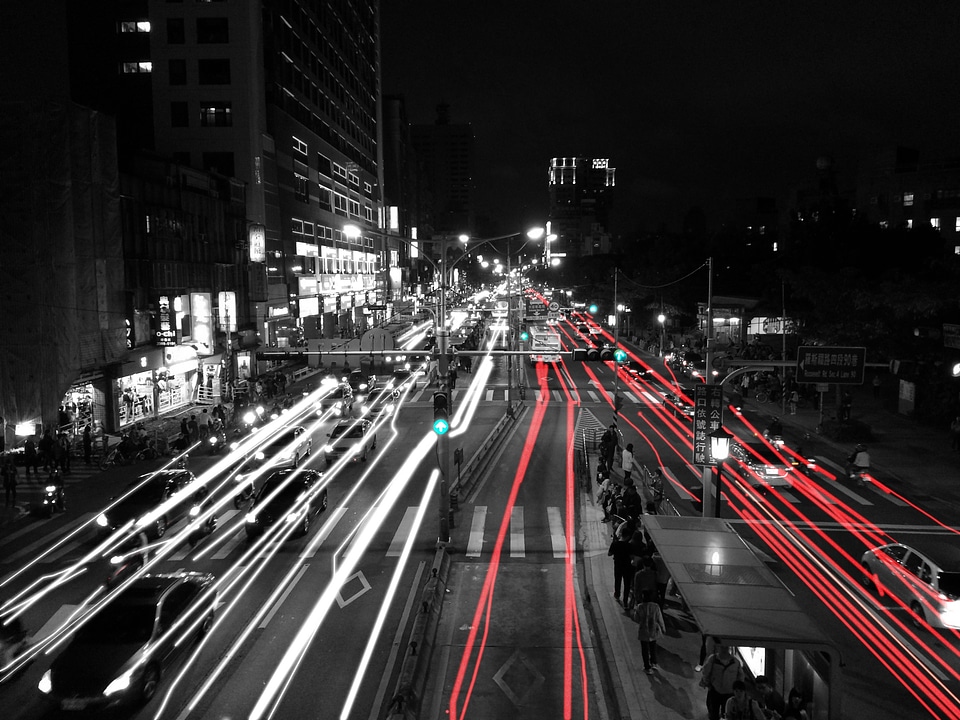 Black and white night view bus station