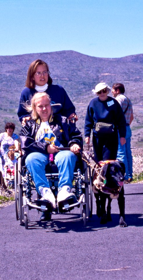 Woman attendant pushing Wheelchair