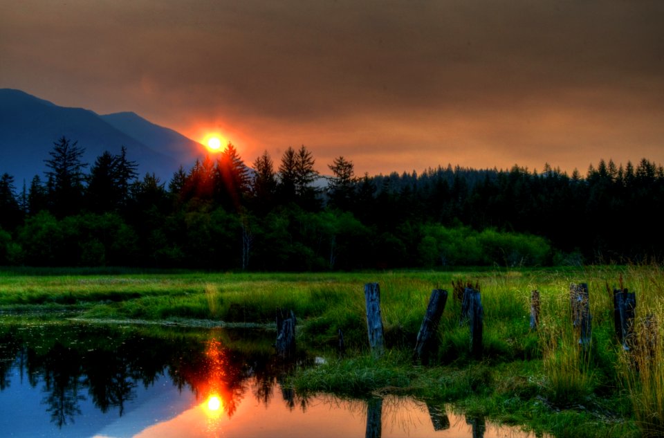 Smokey sunset in Quilcene, WA 2015 from Canada fire smoke, by Alex Weinberg