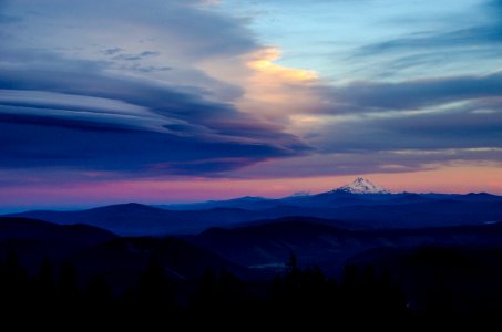 Mt Jefferson, Three Sisters & Mt Bachelor at Sunset from Timberline Lodge on Mt Hood photo