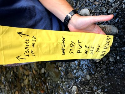 Sept 2: Note dropped from helicopter to people at Punchbowl Falls. Photo courtesy of Noah Brown.
