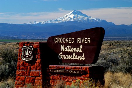 Crooked River National Grassland Sign and Mt Jefferson-Ochoco photo