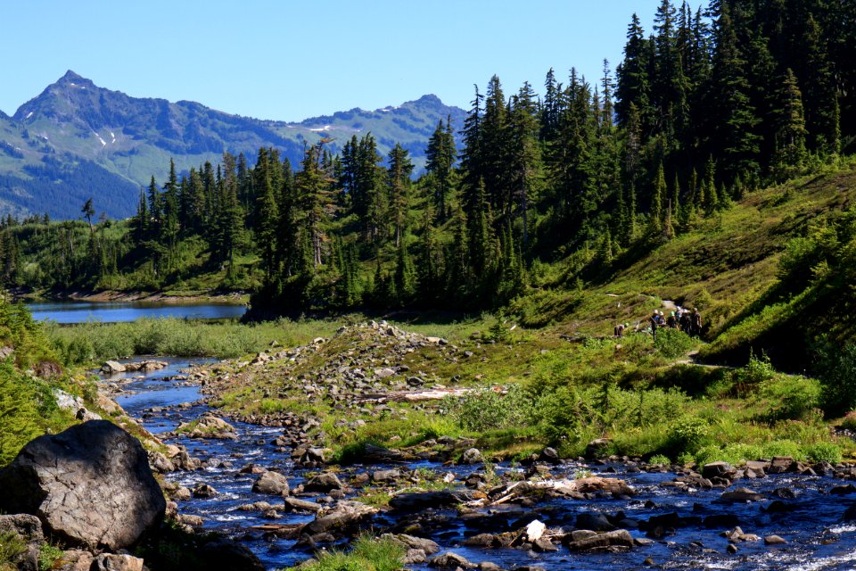 Volunteer Work Crew walking at Heather Lake,  Mt Baker Snoqualmie National Forest