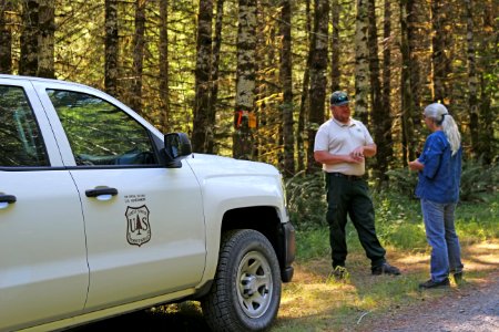 Forest Service Employee talking with Visitor, Unknown