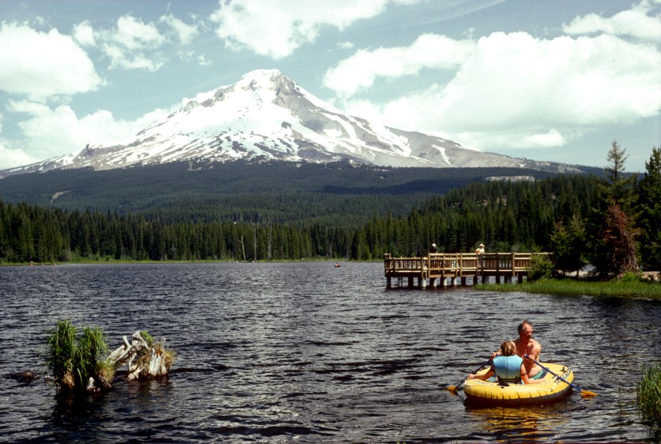 Fishing and rafting Trillium Lake, Mt Hood National Forest