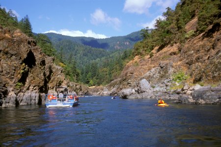 Kayakers & Jet Boat on Rogue River, Rogue River Siskiyou National Forest photo