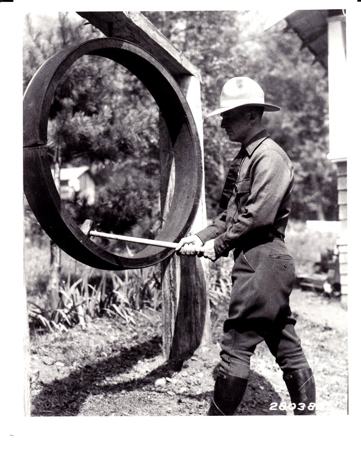 280385 Fire Gong at CCC Camp Snider, Olympic NF, WA 9-1933