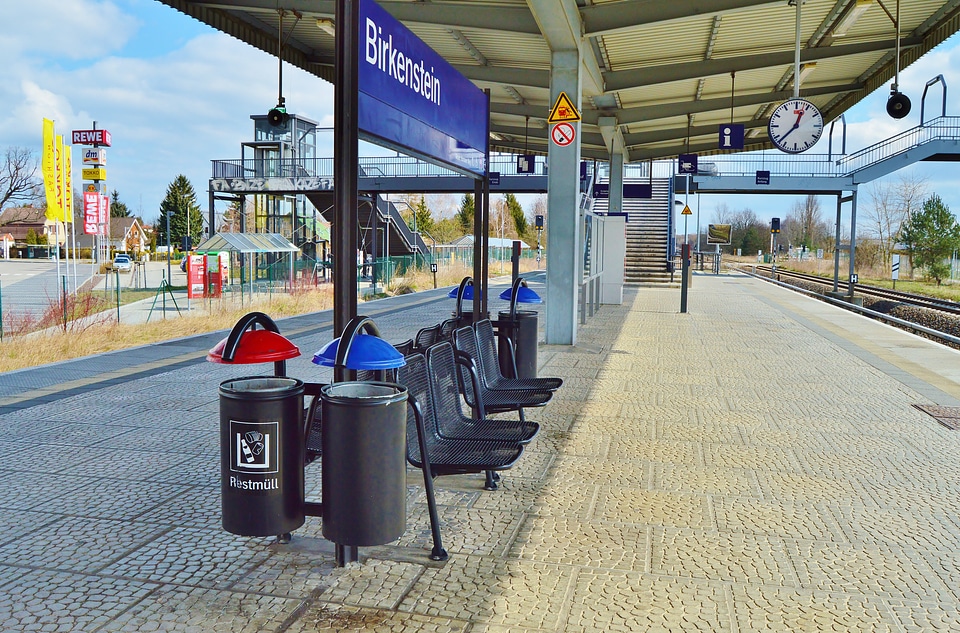Railway station benches waste bins
