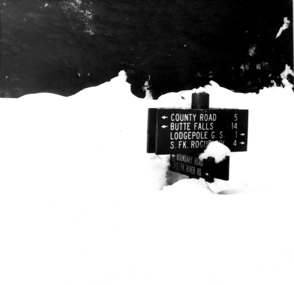 X-5-55 Road sign at Lodgepole Rd (winter), 1964