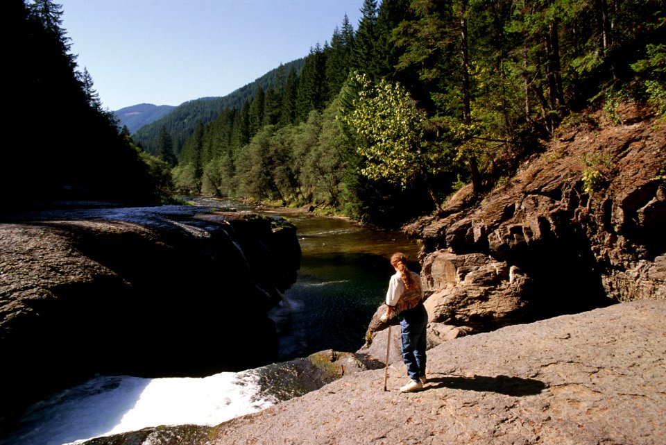 Visitor at Upper Lewis River Falls viewpoint, Gifford Pinchot National Forest.jpg
