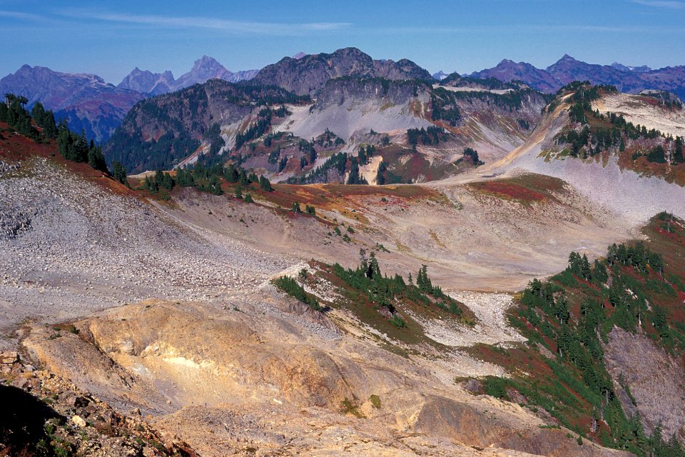 View of Heather Meadows above Picture Lake in the Mt Baker Wilderness, Mt Baker Snoqualmie National Forest