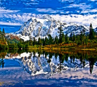 View of Mt Shuksan in Autumn from Picture Lake, Mt Baker Snoqualmie National Forest photo