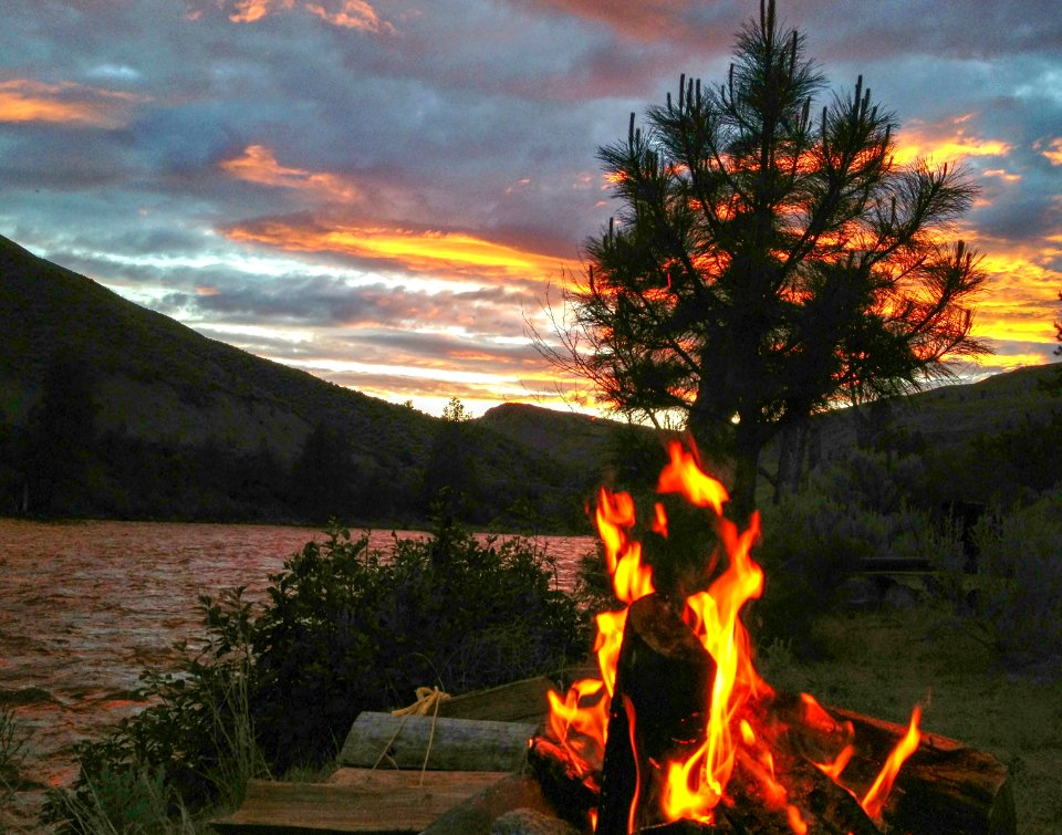 Campfire on the Pacific Northwest Trail and Similkameen River near Oroville, Washington.