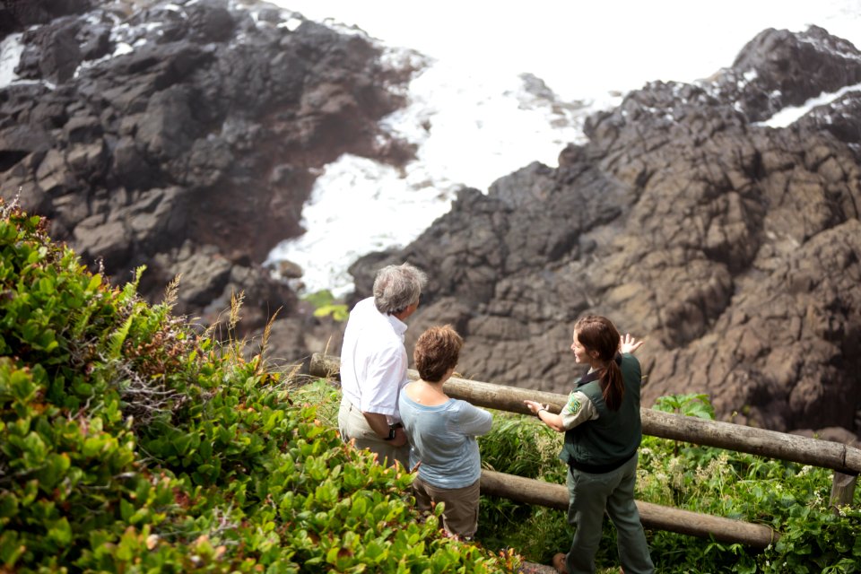 Field Ranger talking with Visitors at Devils Churn, Cape Perpetua, Siuslaw National Forest