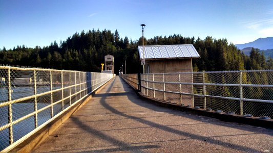 The Pacific Northwest Trail travels over the Baker River Dam, which forms Baker Lake.