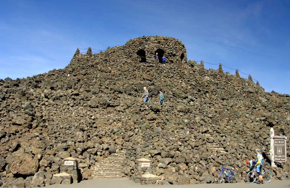 Biking Group and Couple at Dee Wright Observatory, Willamette NF