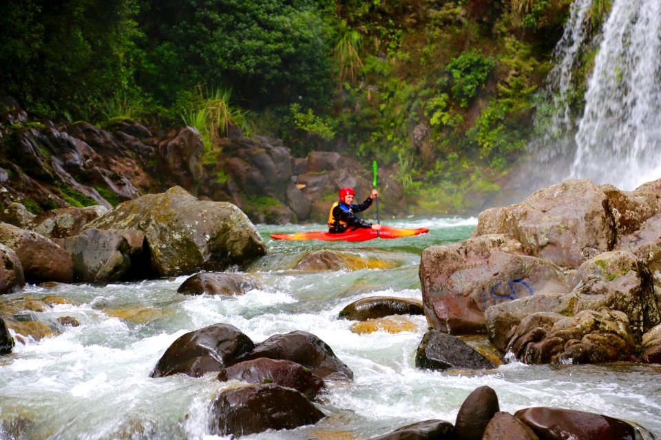 Tawhai  Falls, intrepid athletes enjoy extreme kayaking