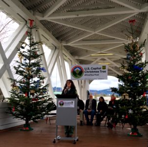 Nikki Swanson, Sweet Home District Ranger speaks at the US Capitol Christmas Tree Launch Event