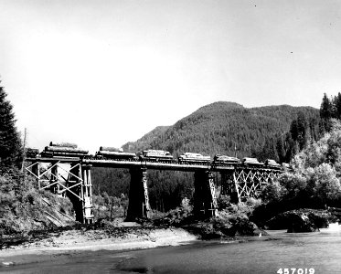 457019 Log Train Crossing Cowlitz River, GPNF, WA 1949