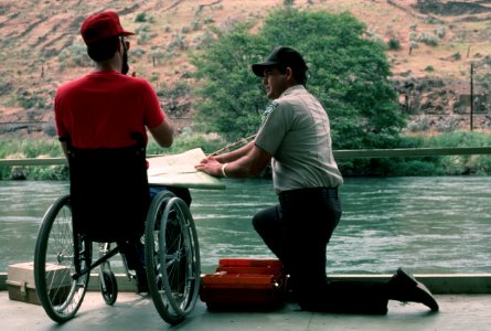 Disabled angler and BLM ranger,Lower Deschutes River, Bureau of Land Management