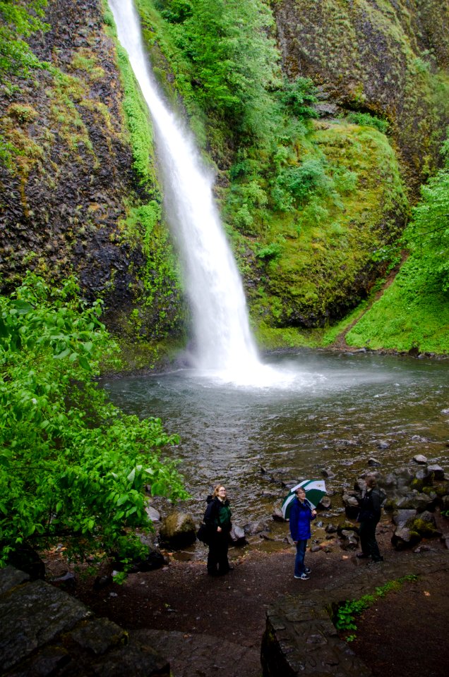 Women at Lower Horsetail Falls viewing area-Columbia River Gorge