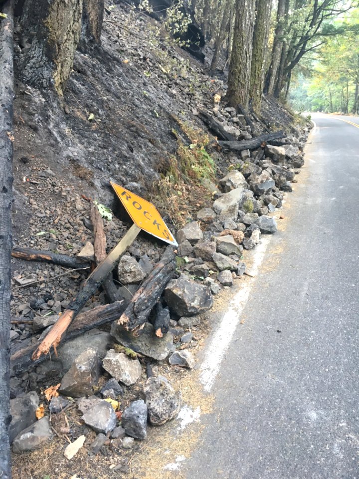Along Historic Columbia River Highway.  Somewhat ironic that the “Rocks” sign was knocked down by rocks! 9152017