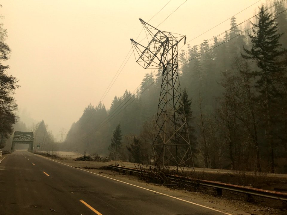 Power transmission tower damaged in Riverside Fire, Mt. Hood National Forest