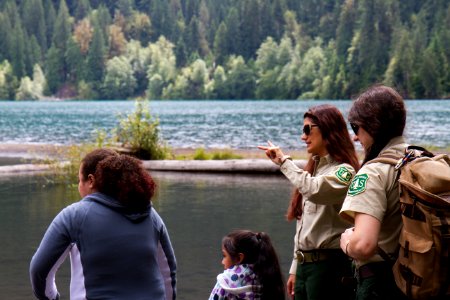 Two Forest Service Naturalists with youth at Baker Lake, Mt Baker Snoqualmie National Forest