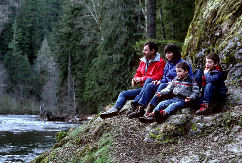 Recreation, family hiking Salmon River trail, Mt Hood National Forest