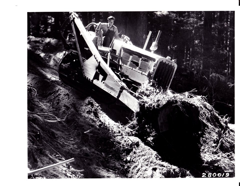 280019 Bulldozer Moving Dirt for Truck Trail, Snoqualmie NF, WA 8-1933