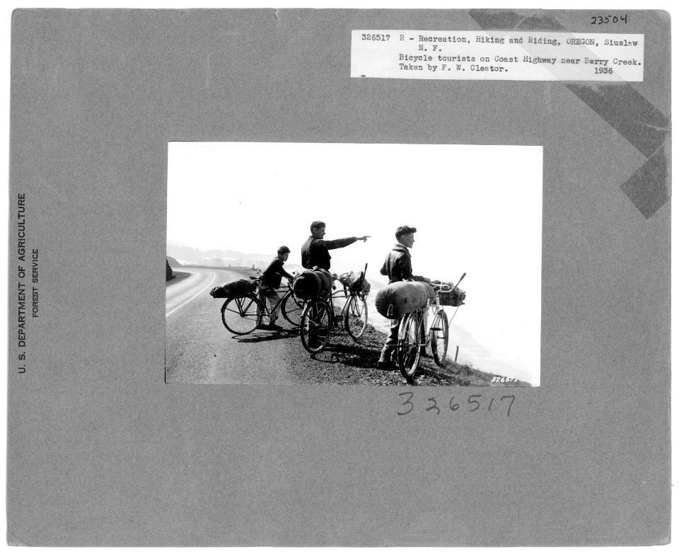 326517 Bicycle Tourists on Coast Highway near Berry Creek, Siuslaw NF, OR 1936