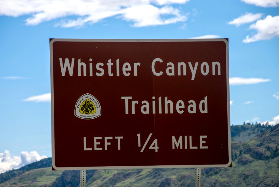 Whistler Canyon Trailhead sign on Highway 97 (close up)